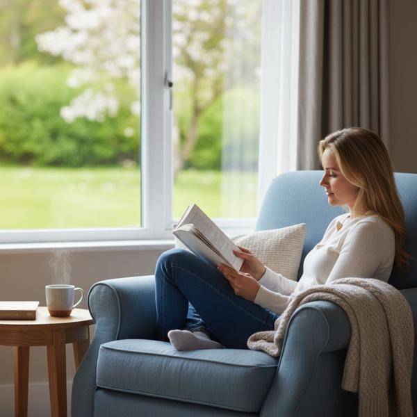 A person comfortably reading a book in an armchair next to a large window, suggesting a peaceful indoor environment.