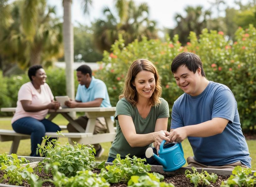 Adults with and without Down syndrome gardening together