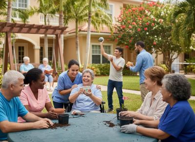 Joyful seniors and caregivers engaging in outdoor activities