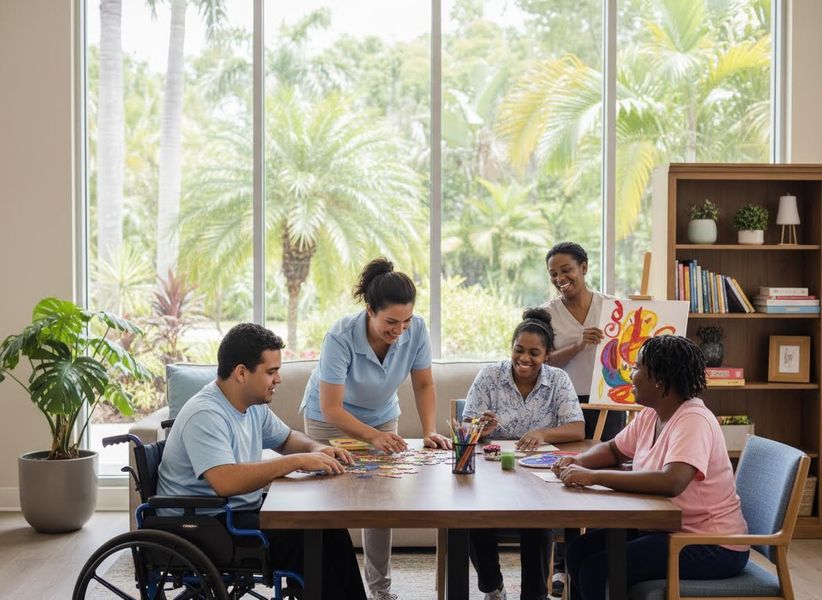 Diverse adults and caregivers enjoying creative activities