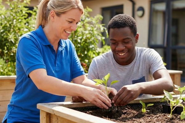 nurse and resident in garden