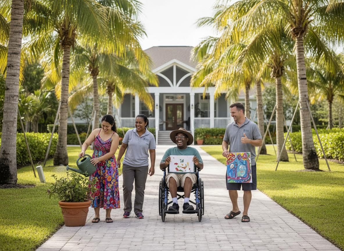Diverse group of caregivers and a man in a wheelchair enjoying outdoor activities and art