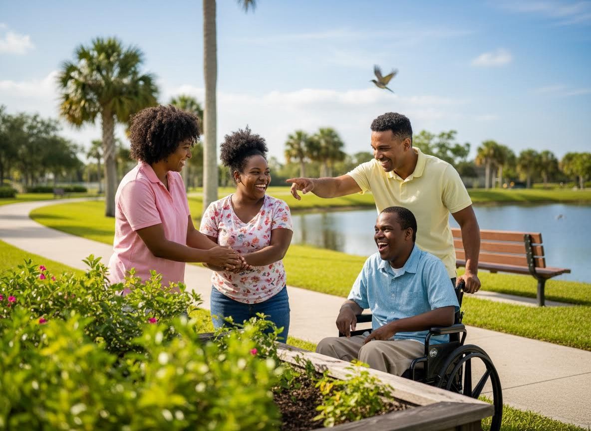 Friends Laughing Together in an Accessible Park