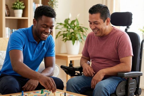caregiver and resident playing a game