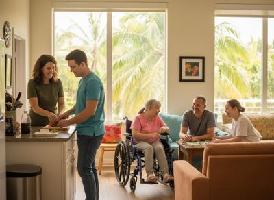 Diverse group of people enjoying leisure time in a bright, modern home