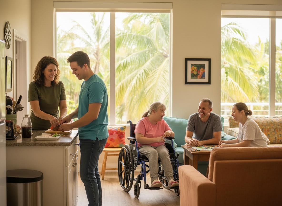 Diverse group of people enjoying leisure time in a bright, modern home