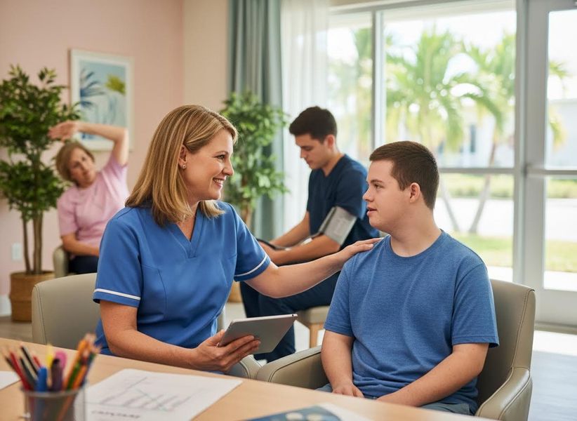 Caregiver Interacting with Young Man with Down Syndrome