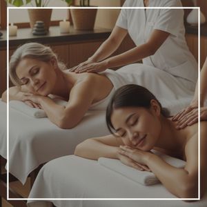 A mother and daughter enjoying a relaxing side-by-side massage at the spa.