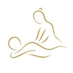 A gold line-art icon depicting a massage therapist working on a pregnant client lying in a comfortable side-lying position.