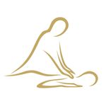 A minimalist gold vector icon showing the silhouette of a massage therapist leaning over a client on a massage table to apply pressure.