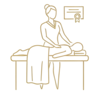 Gold flat vector icon of a foot massage being performed by professional hands, representing licensed and highly trained therapists.
