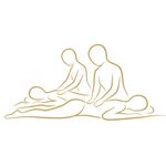 A gold vector icon depicting two therapists simultaneously performing back massages on two clients lying side-by-side.