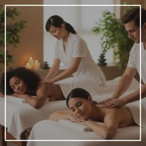 Two friends receiving a couples massage together in the treatment room.
