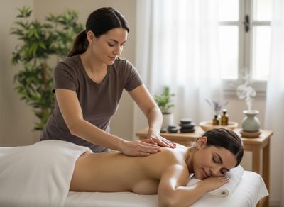 Female massage therapist giving a back massage to a client