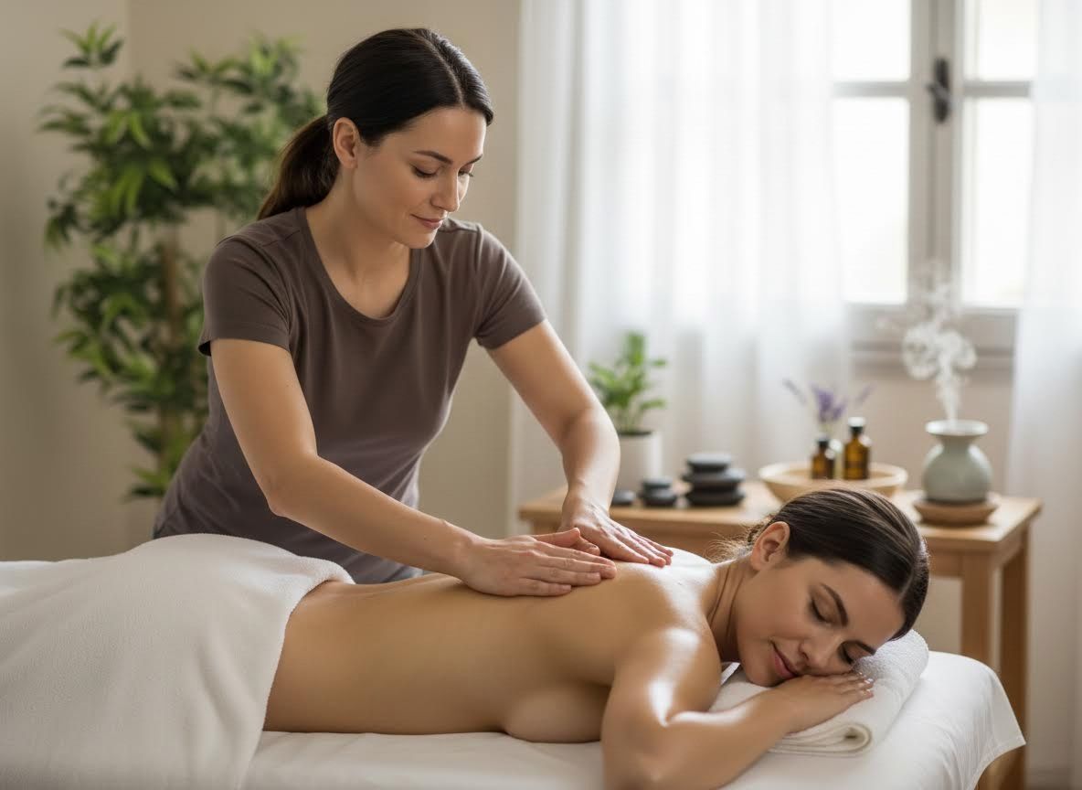 Female massage therapist giving a back massage to a client