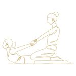 A continuous gold line-art icon illustrating a therapist performing a traditional Thai massage stretch by pulling the client's arms while kneeling behind them.