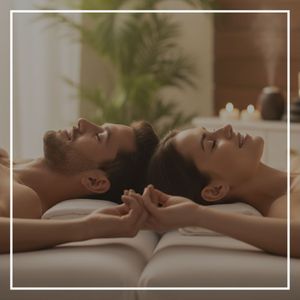 Romantic partners holding hands while receiving a shared couples massage at Naples Day Spa.