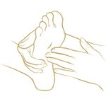A gold flat-vector icon on a white background depicting a detailed line drawing of a therapist's hands performing a reflexology massage on a person's foot.