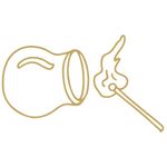 A minimalist gold icon of a traditional massage cupping jar positioned next to a lit match with a flame.