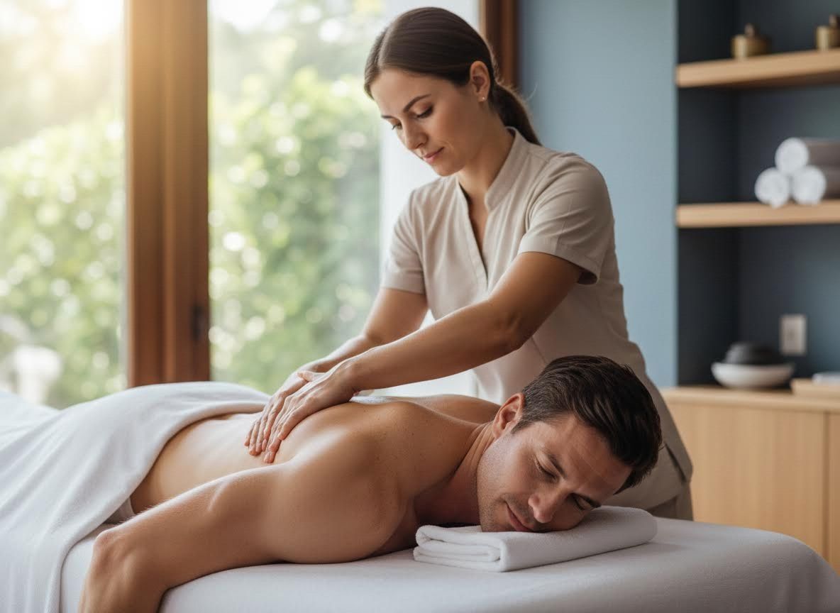 Man receiving a relaxing back massage at a modern spa