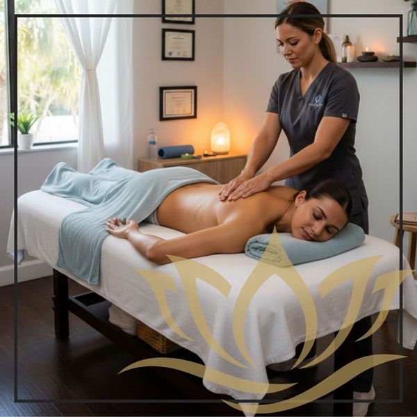 A wide shot of a professional massage therapist working on a client's back in a sunlit Naples studio, featuring a large gold lotus flower overlay in the foreground.