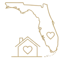 A gold vector icon featuring an outline of the state of Florida with a heart, paired with a house icon also containing a heart.