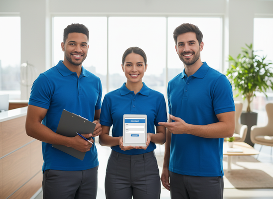 Three smiling service agents in blue polos; a woman holds a tablet with a contact form, flanked by two men, one with a clipboard. Smiling customer service team with contact form on tablet