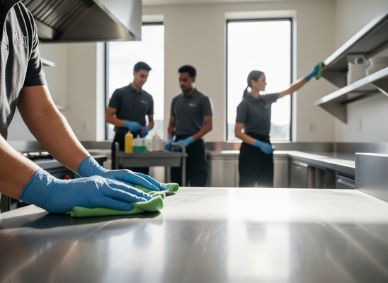 A team of three cleaners in uniform and blue gloves wiping down stainless steel surfaces and shelves in a professional kitchen. Professional Cleaning Team in Commercial Kitchen