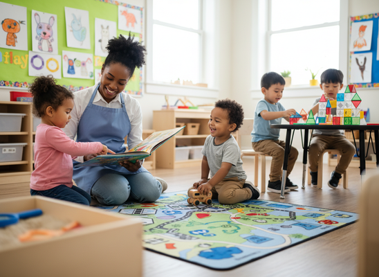 Teacher reading to toddlers in a vibrant classroom