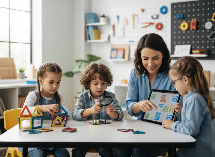 Children learning STEM activities with a teacher