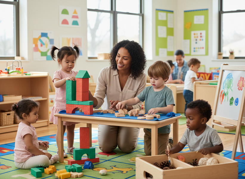 Teacher and diverse preschoolers playing with blocks and toys in a bright classroom
