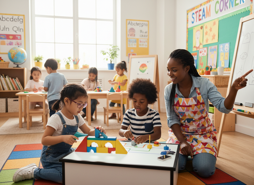 Preschool teacher and diverse children learning through play