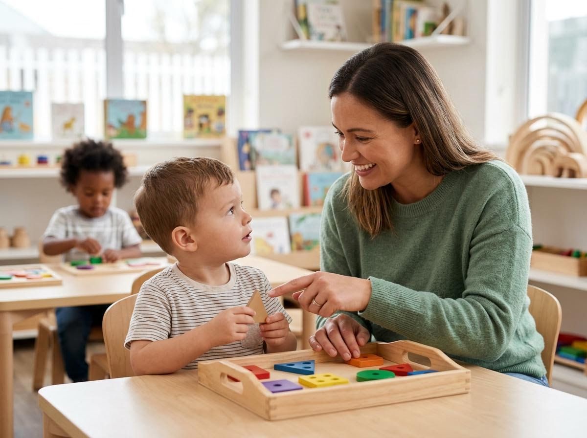 Teacher and preschooler playing with shape puzzles