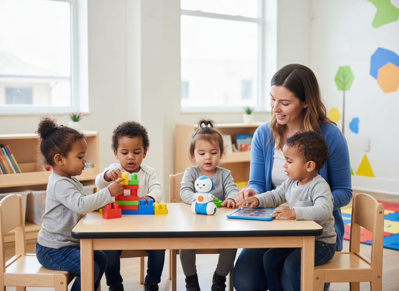 Teacher and Diverse Toddlers Playing with Toys