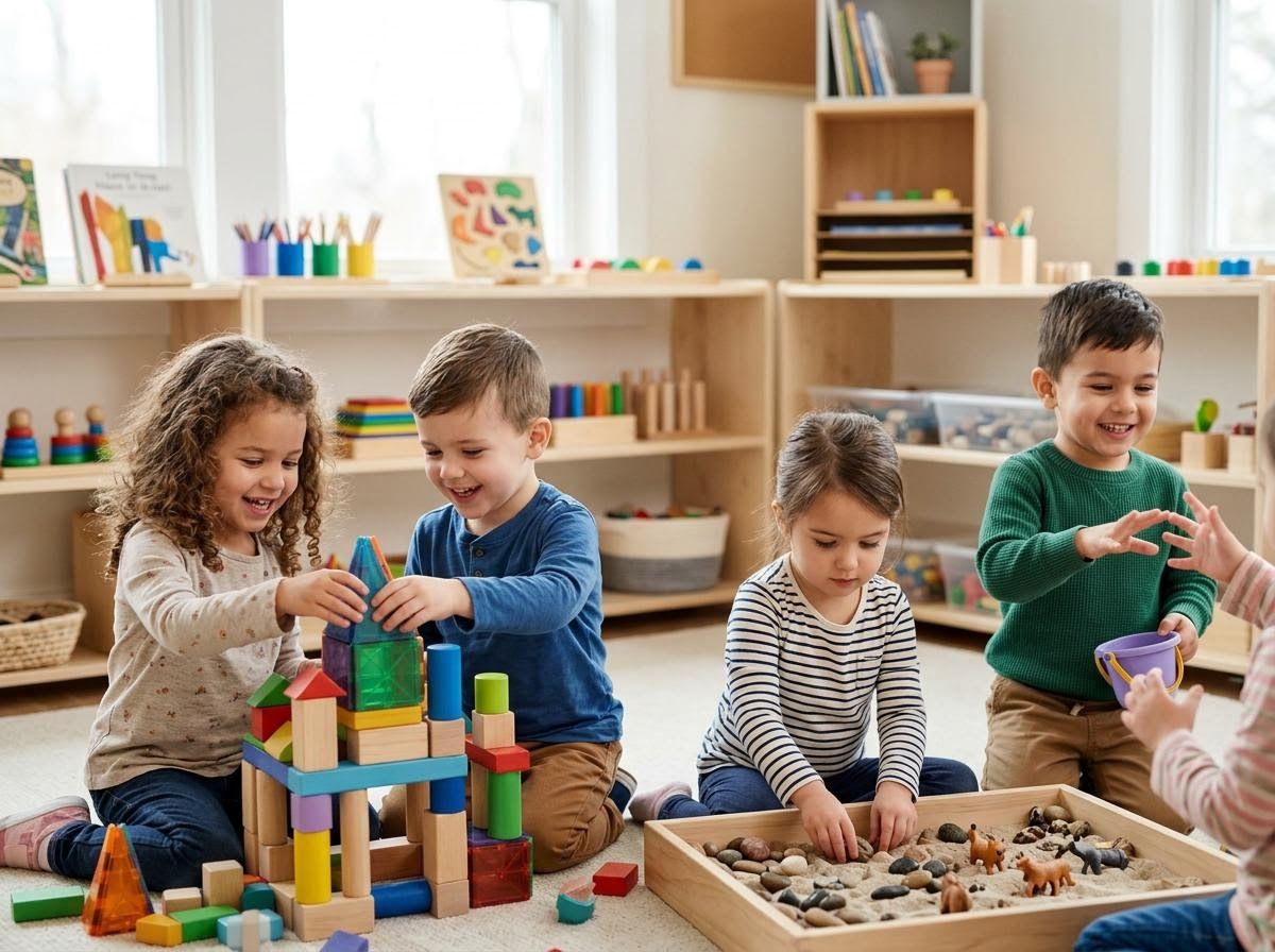Happy children playing with blocks and sand in a bright classroom