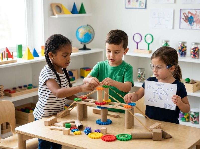 Kids collaborating on a STEM building project