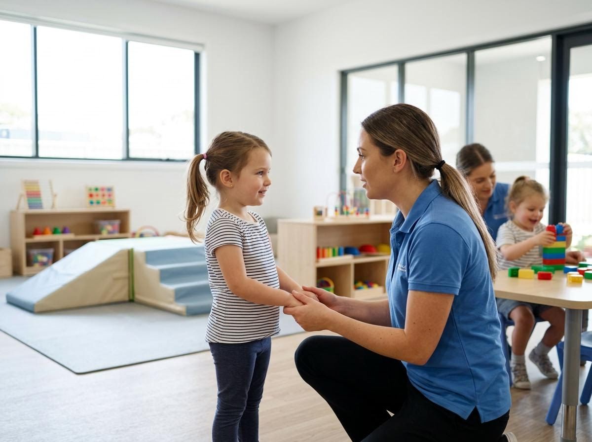 Caregiver connecting with child in a bright daycare classroom