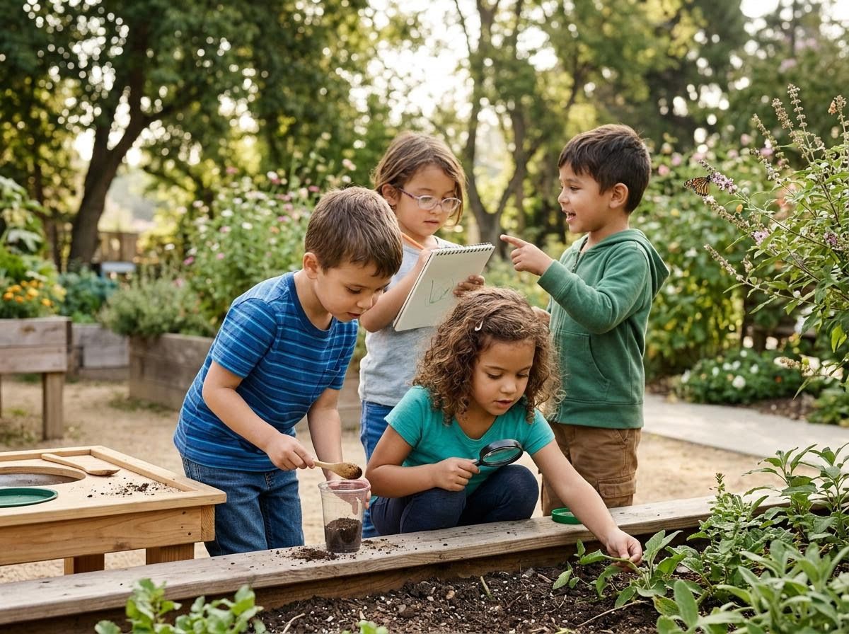 Children exploring and learning in a garden