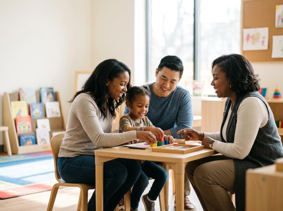 Parents and Child Playing with Blocks with Teacher