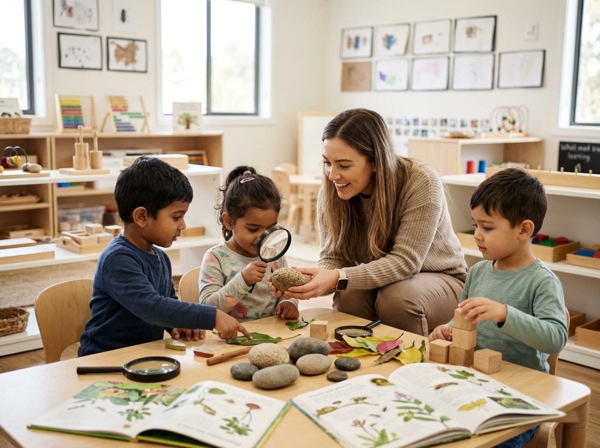 Teacher and children exploring nature in classroom
