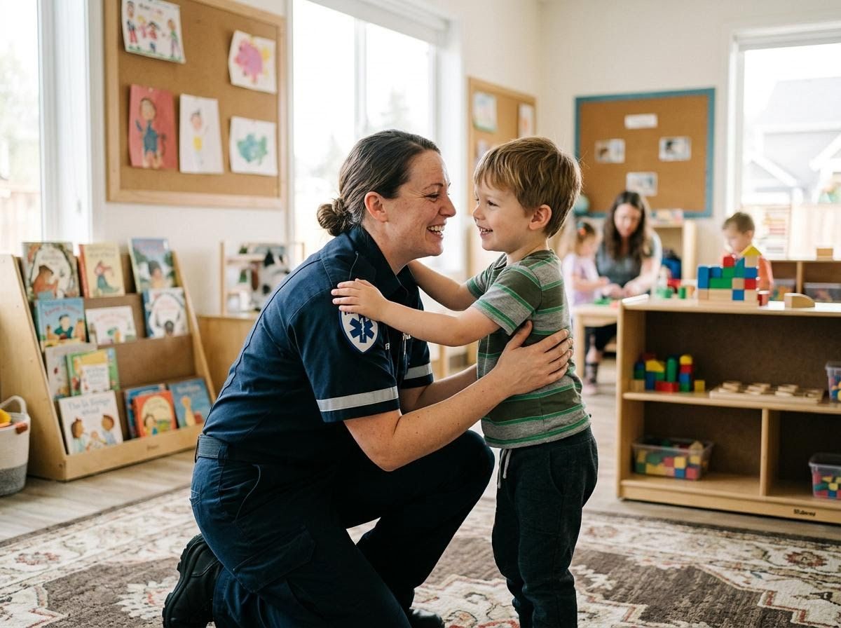 Paramedic interacting with a young child in a classroom
