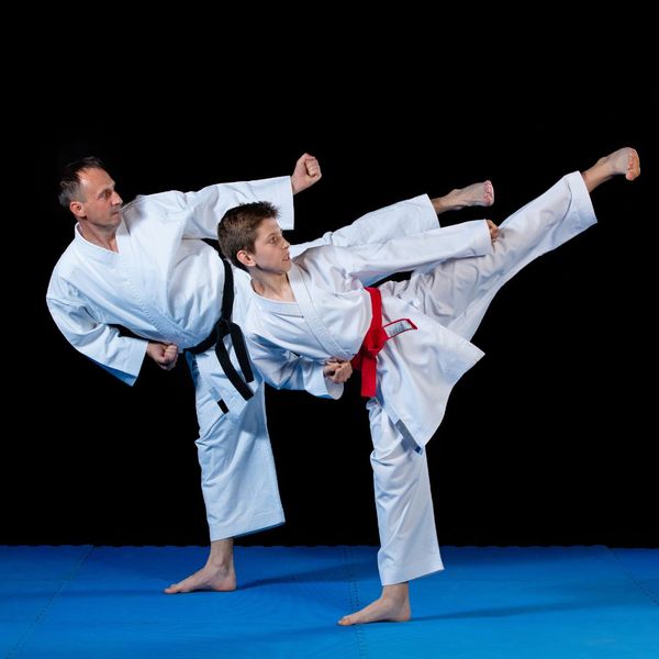 karate student and teacher side kicking