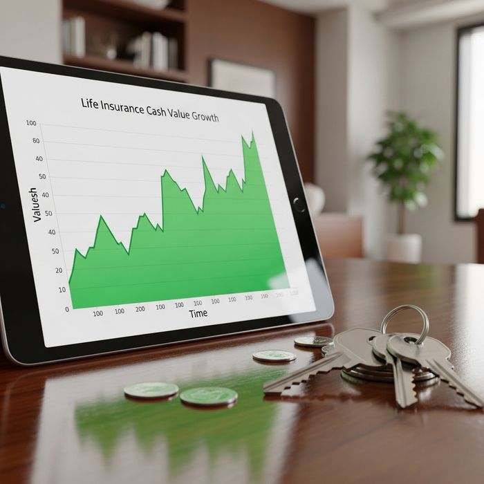 A digital tablet displaying a financial growth graph next to house keys, illustrating life insurance cash value and wealth-building.