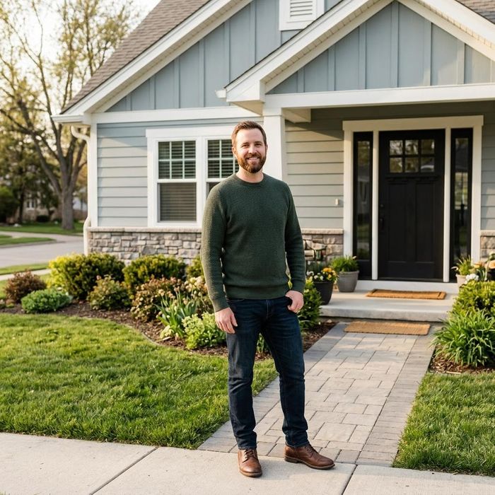 homeowner standing in front of home