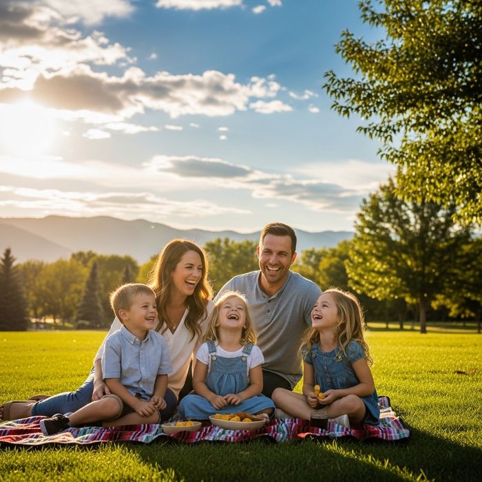 Happy family enjoying a sunny afternoon in a Fort Collins park, representing financial security and life insurance planning.