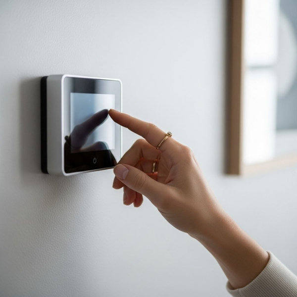 a person's hand adjusting a sleek, modern smart thermostat