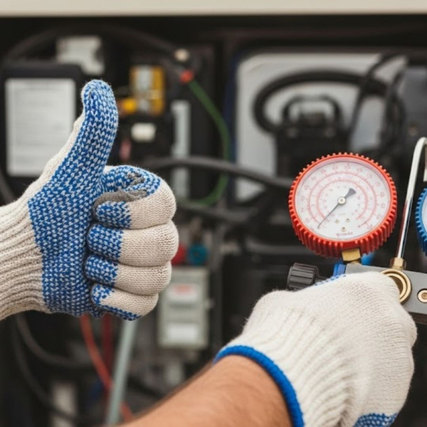 a technician performing professional maintenance on an AC unit