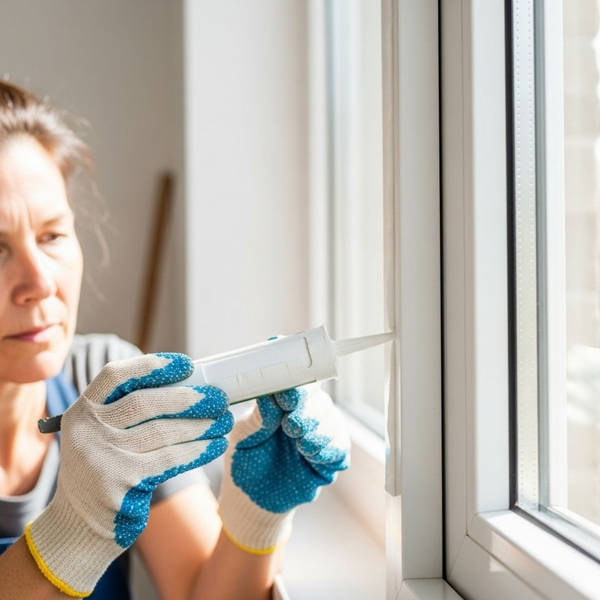 a person sealing an air leak around a window to improve home insulation