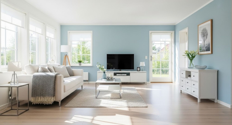 a modern living room in the summer, with sunlight streaming through the windows