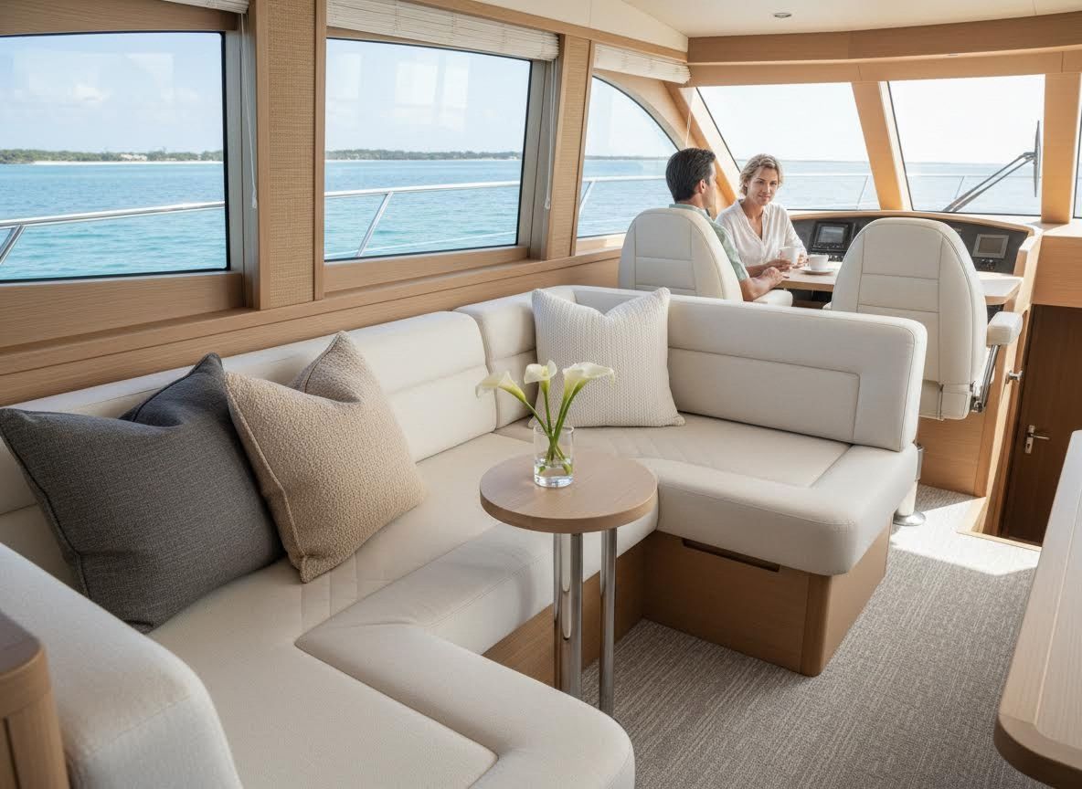 Luxury Yacht Interior with Couple Enjoying Coffee